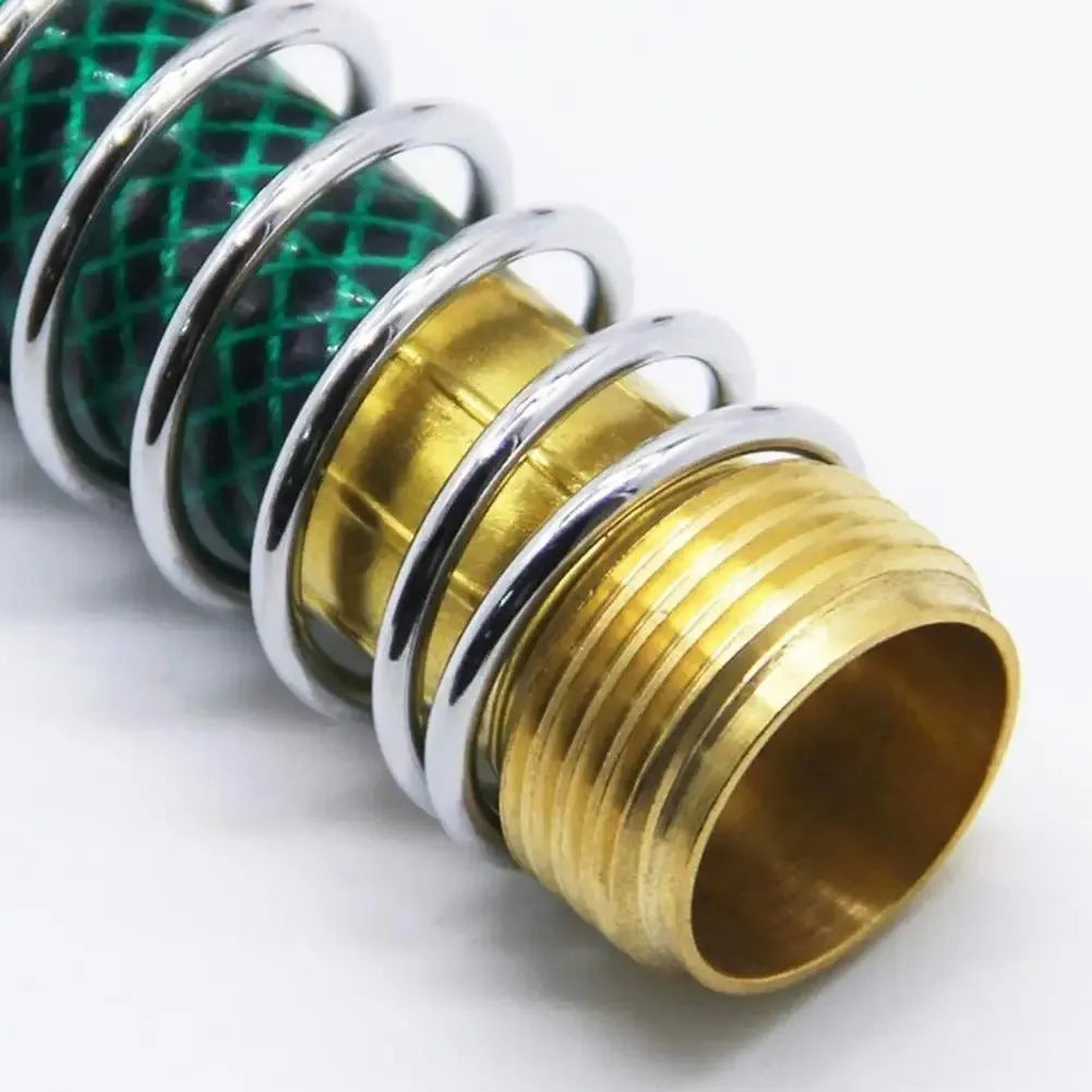 Brass spring hose connector for garden irrigation with 15cm length and threaded connections