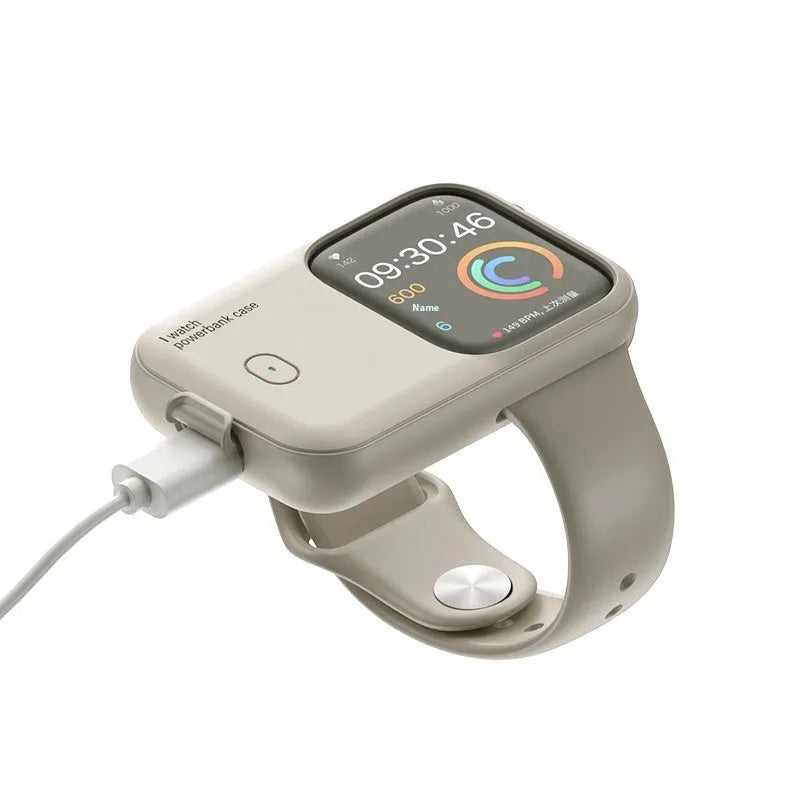 Apple Watch portable wireless charging case with silicone protector in brown, blue, and starlight colours.