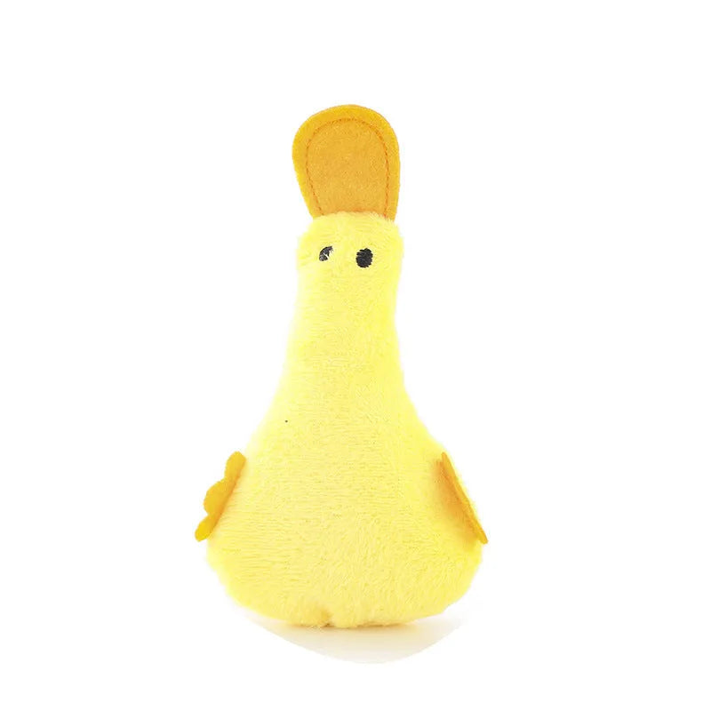 Yellow duck plush pet toy with catnip filling and squeaker for cats and small or large dogs