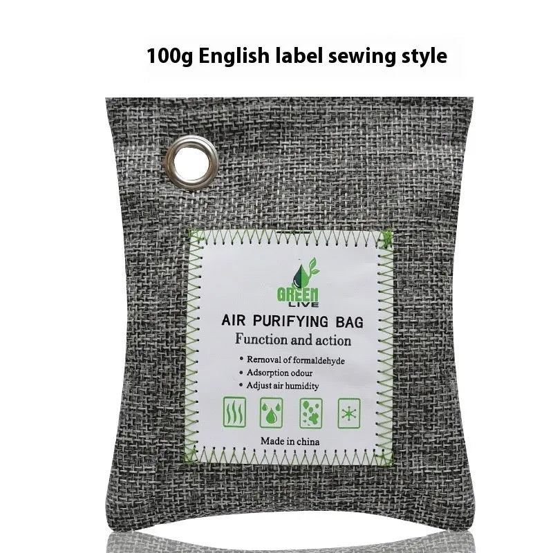 Sewing-style fabric sachets containing bamboo charcoal for air purification, shown in different sizes.
