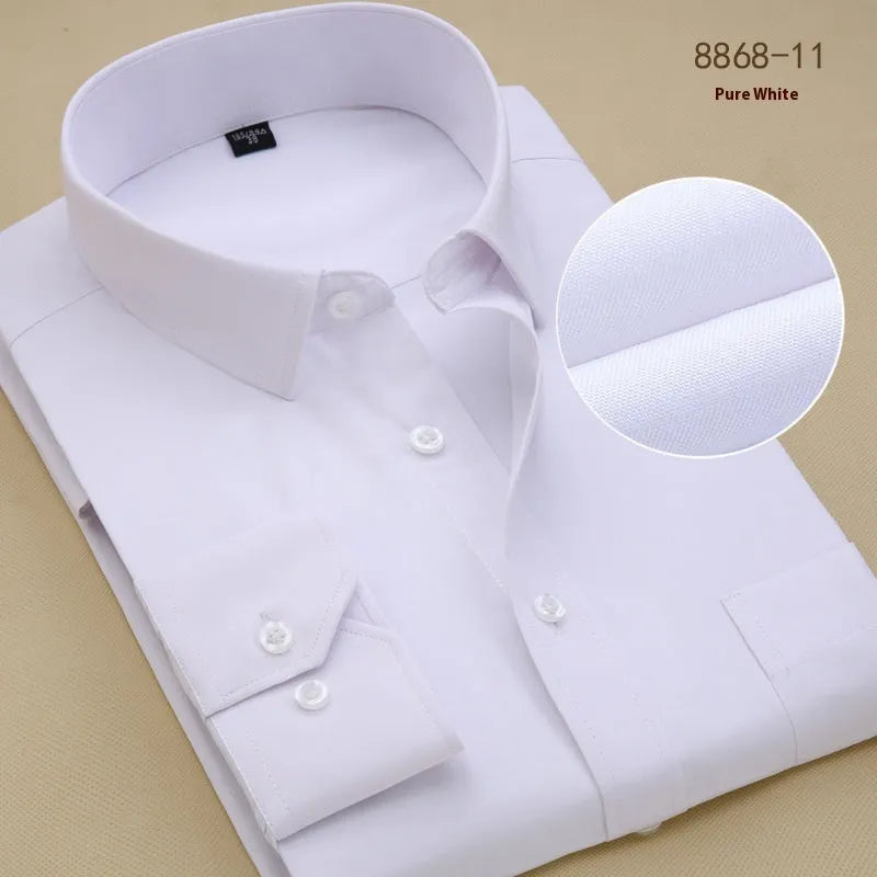 Men's black slim-fit long-sleeve cotton business shirt for professional work attire.