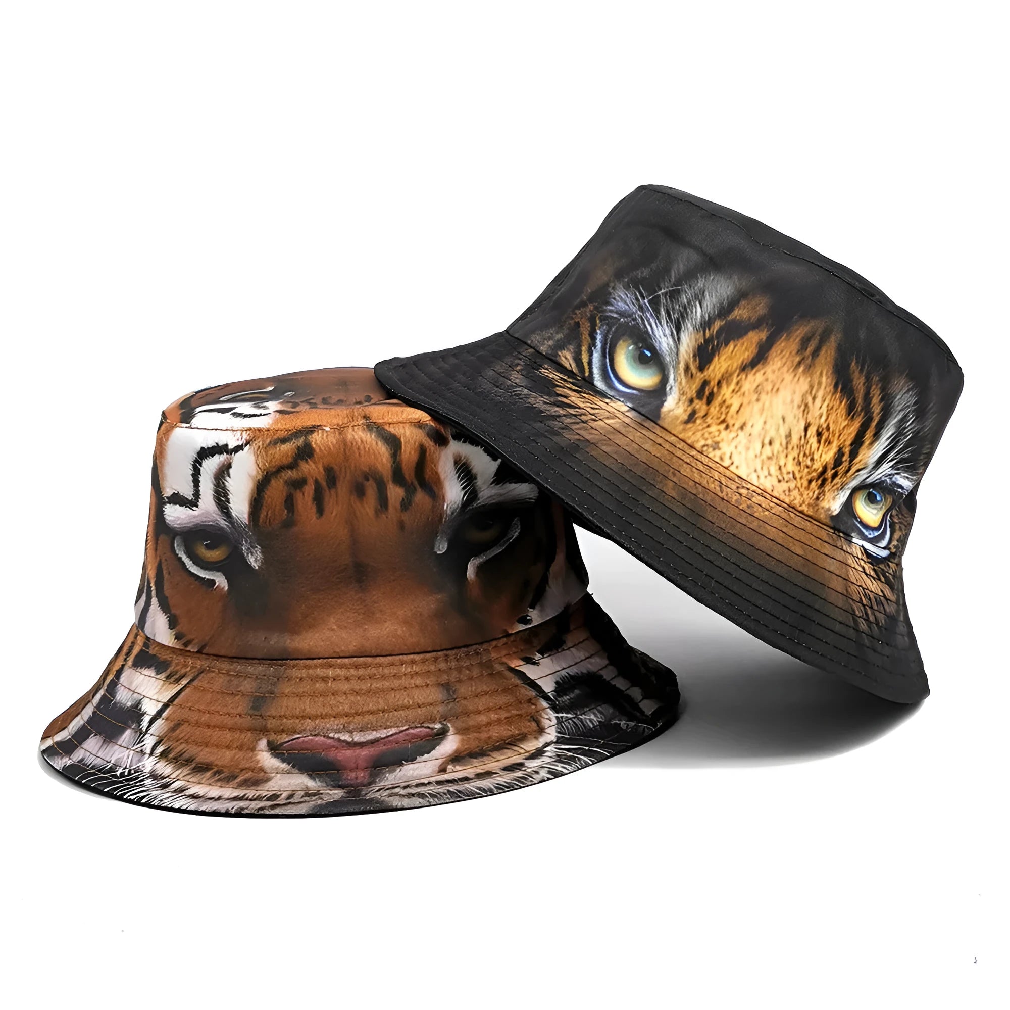 Tiger pattern polyester bucket hat with dome crown in khaki or black colour
