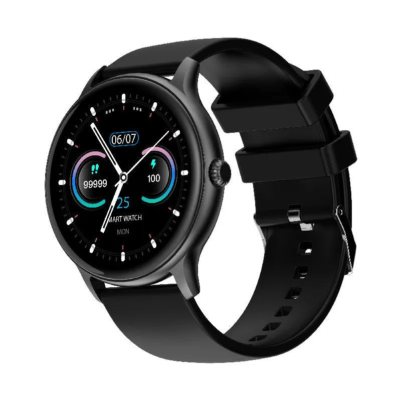 Black smart sports watch with circular screen displaying health metrics on a silicone wristband.