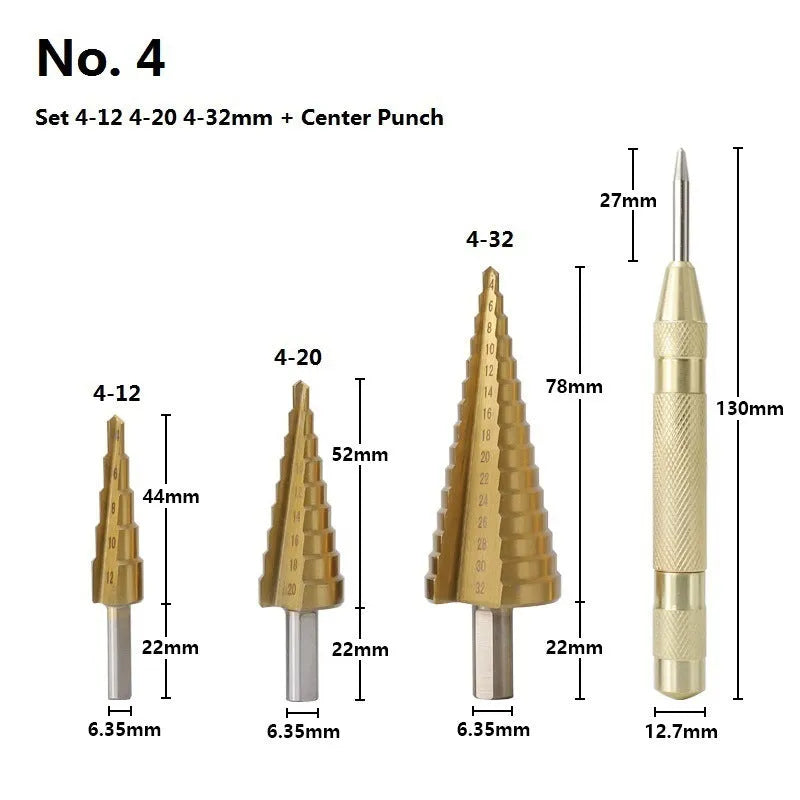 High-speed steel cone drill bit punch set with step bits and centre punch for metal drilling