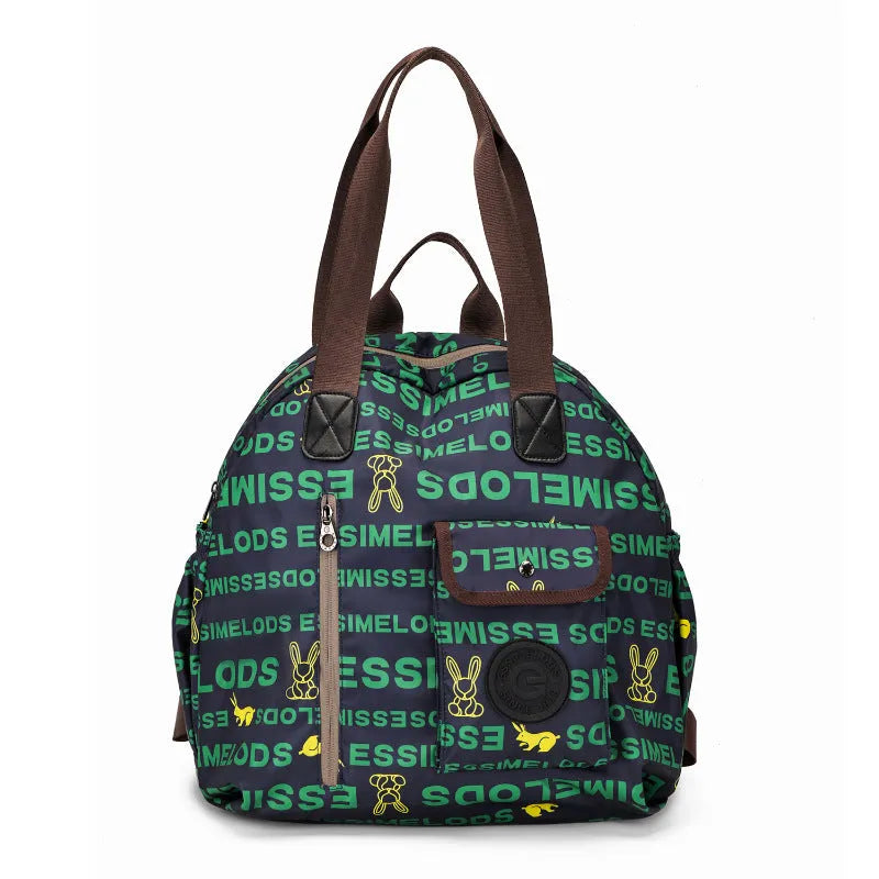 Large lightweight outdoor backpack in black, khaki, or green with rabbit print, showing front sandwich pocket.