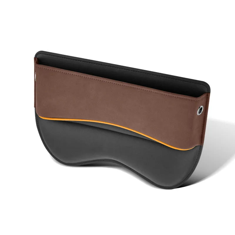 Leather car seat storage organiser box in a choice of five colours, shown on a vehicle seat.