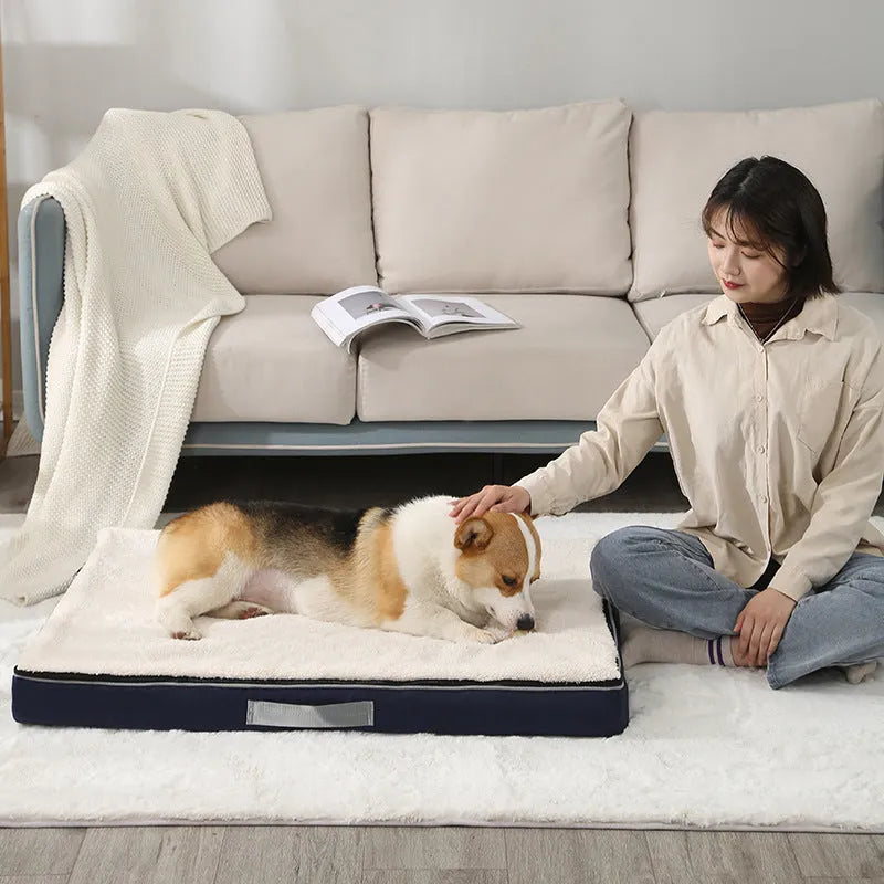 Brown removable washable sponge dog mat with velvet finish on a sofa