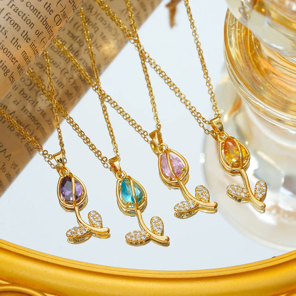 Zircon tulip necklace for women with electroplated C383 gold finish and adjustable titanium steel chain