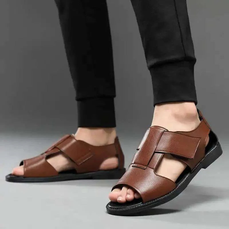 Men's black and brown Roman-style casual sandals with open-toe design and rubber soles