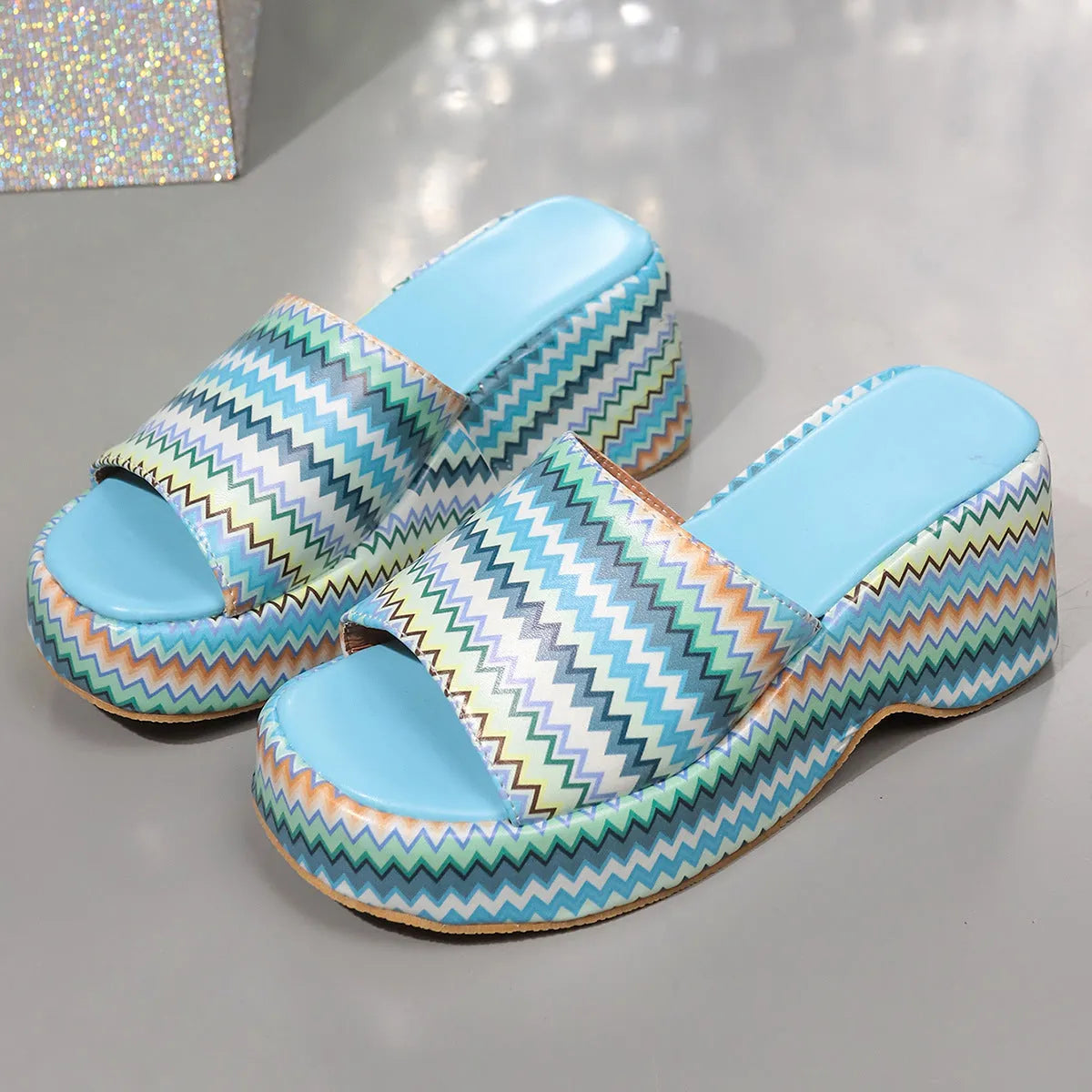 Women's wedge sandals with colourful wave print and fish mouth toe on thick rubber sole