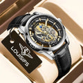Men's Swiss quartz watch with gold or silver shell and brown or black strap.