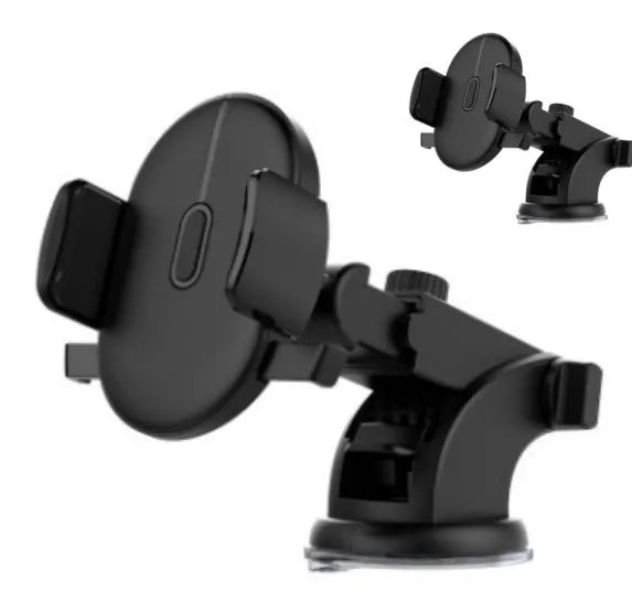 Yellow and black telescopic car phone holder with suction cup mount on textured dashboard