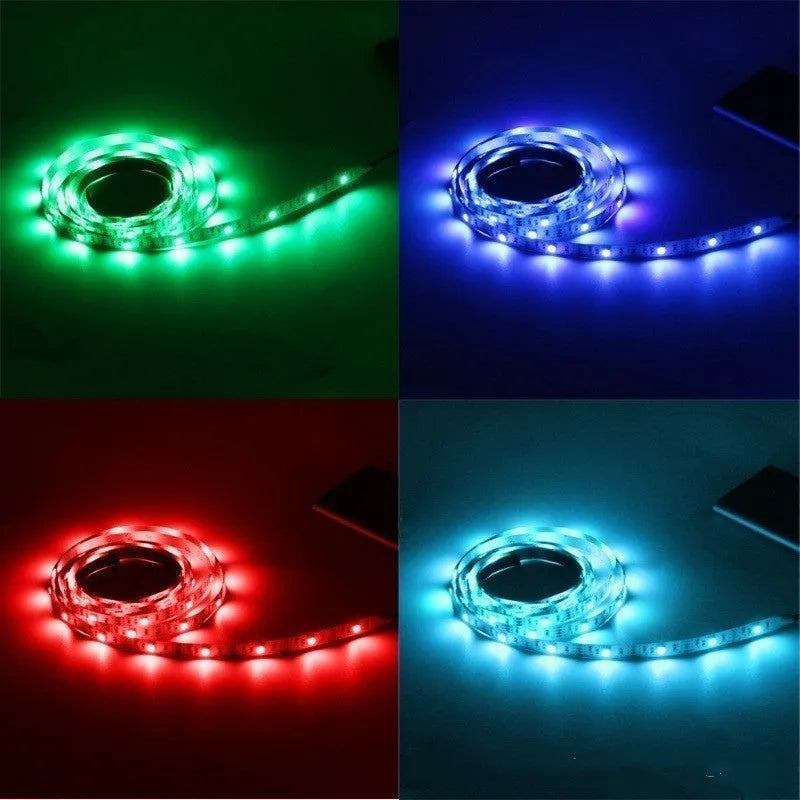 A one-metre long flexible USB LED light strip with SMD5050 LEDs, shown with its 50cm integrated cable, available in six colours.