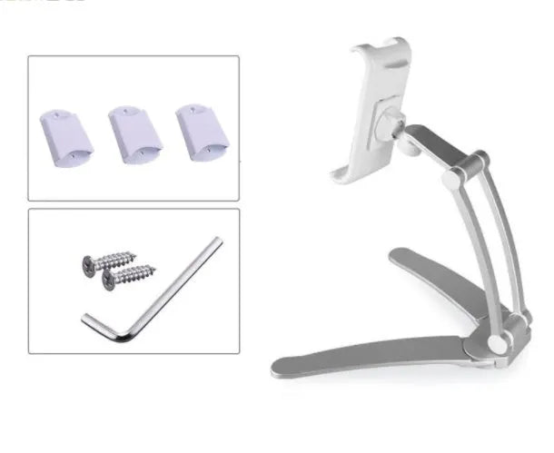 Silver aluminum alloy desktop stand holding a tablet at an adjustable angle.