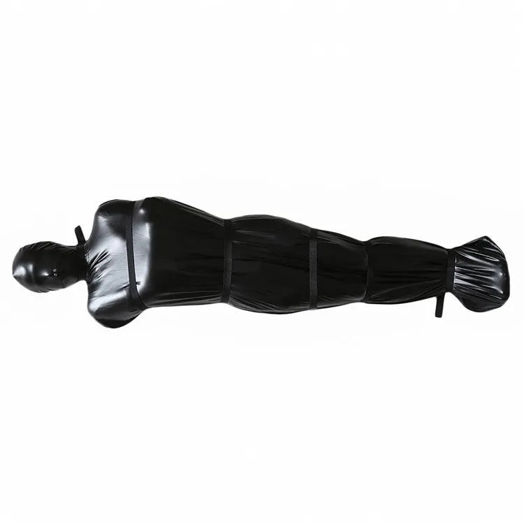 Black patent leather bondage set with leak nostril clothing and six ratchet tie down straps
