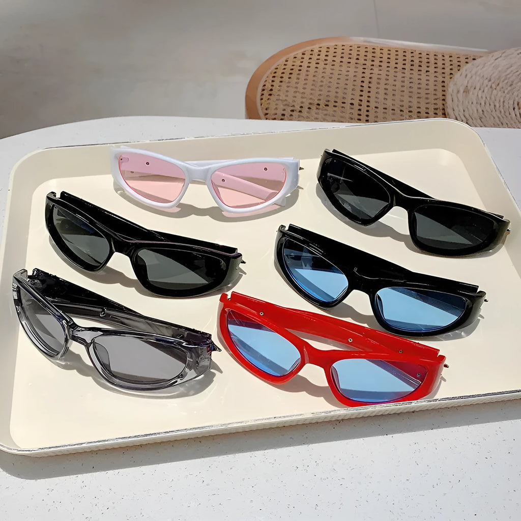 Special-shaped polycarbonate sunglasses with category 3 lenses shown in a black frame and blue lens colour option.