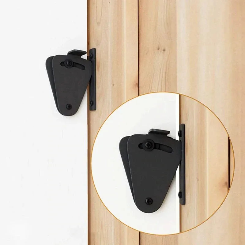 Black stainless steel sliding barn door lock shown in S and M sizes for different door gaps.