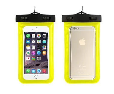 AQUA-ONE transparent waterproof phone pouch in assorted colours, showing phone inside.