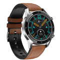 Men's black sports smart watch with 1.3-inch screen and genuine leather strap showing step counting display