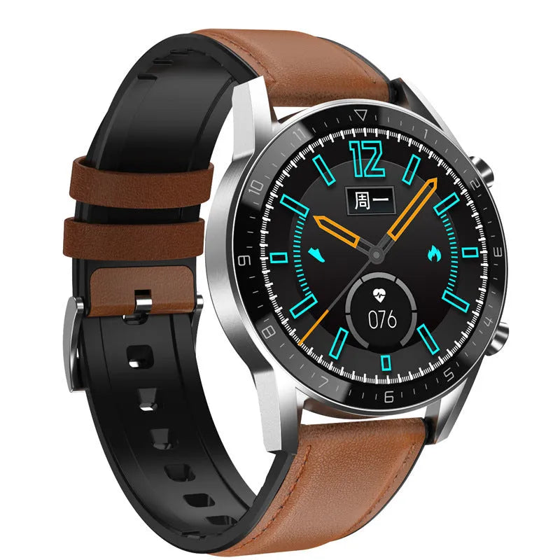 Men's black sports smart watch with 1.3-inch screen and genuine leather strap showing step counting display