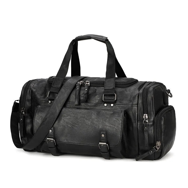 Black PU holdall travel bag with a separate internal compartment for shoes.