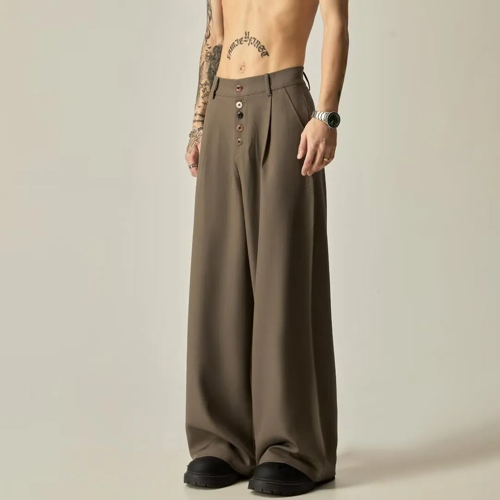 Men's solid black vertical tube wide-leg casual trousers with a button fly and straight-leg style.