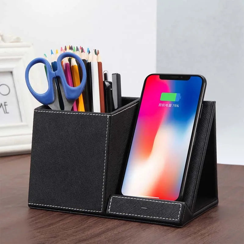 Leather pen holder wireless charger with phone charging on stand and pen storage compartments