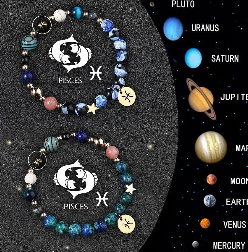 Natural stone zodiac bracelet set showing twelve astrology sign designs with mineral bead construction
