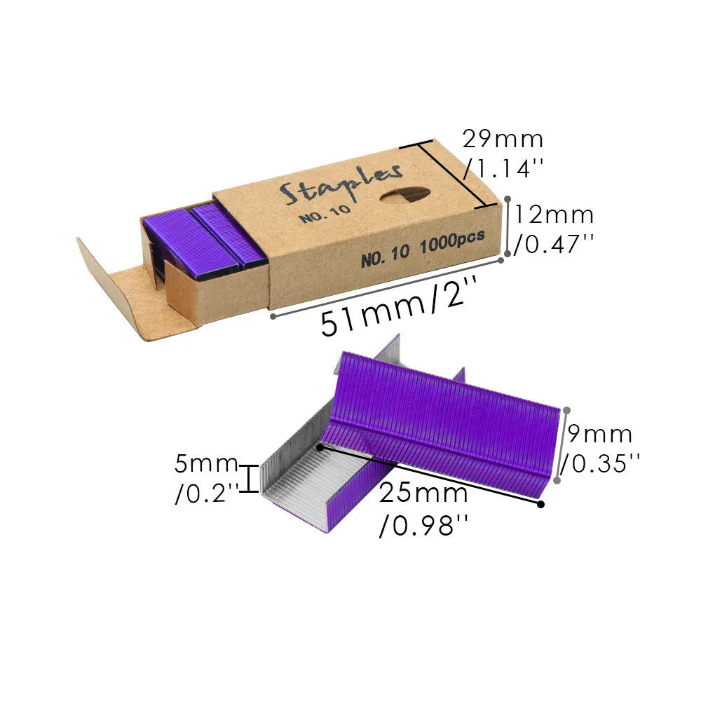 Box of 1000 metal office staples in black purple rose gold and rose red colours
