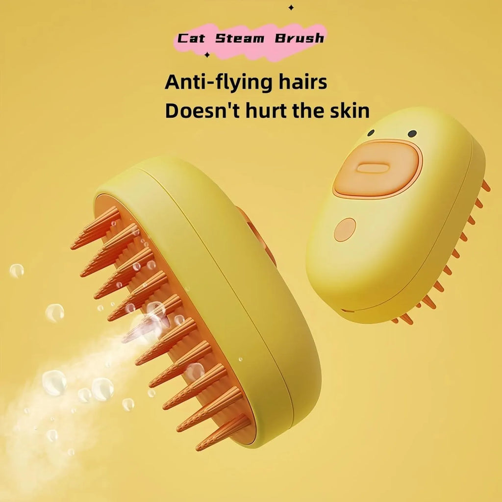 White rechargeable steam pet brush for dogs and cats with rubber comb teeth and water tank