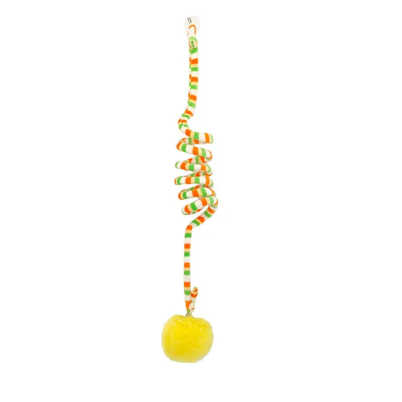 Cat toy with colourful inflatable bell ball on flexible wand and suction cup for door mounting