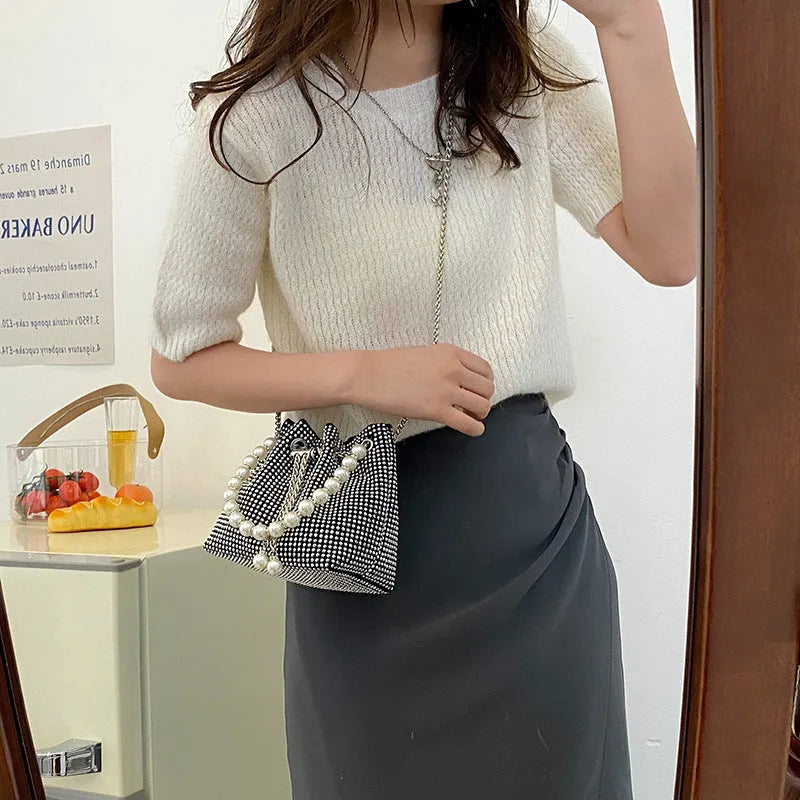 Western style diamond detailing soft PU bucket crossbody bag with chain strap