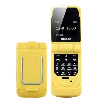 Mini flip phone in six colours with flip cover open showing small screen