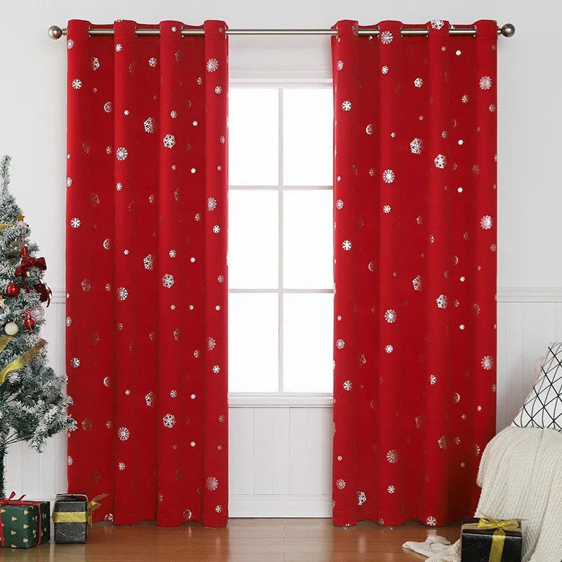 Polyester shade cloth curtain with snowflake pattern in red or green with lace loop or iron hoop trim