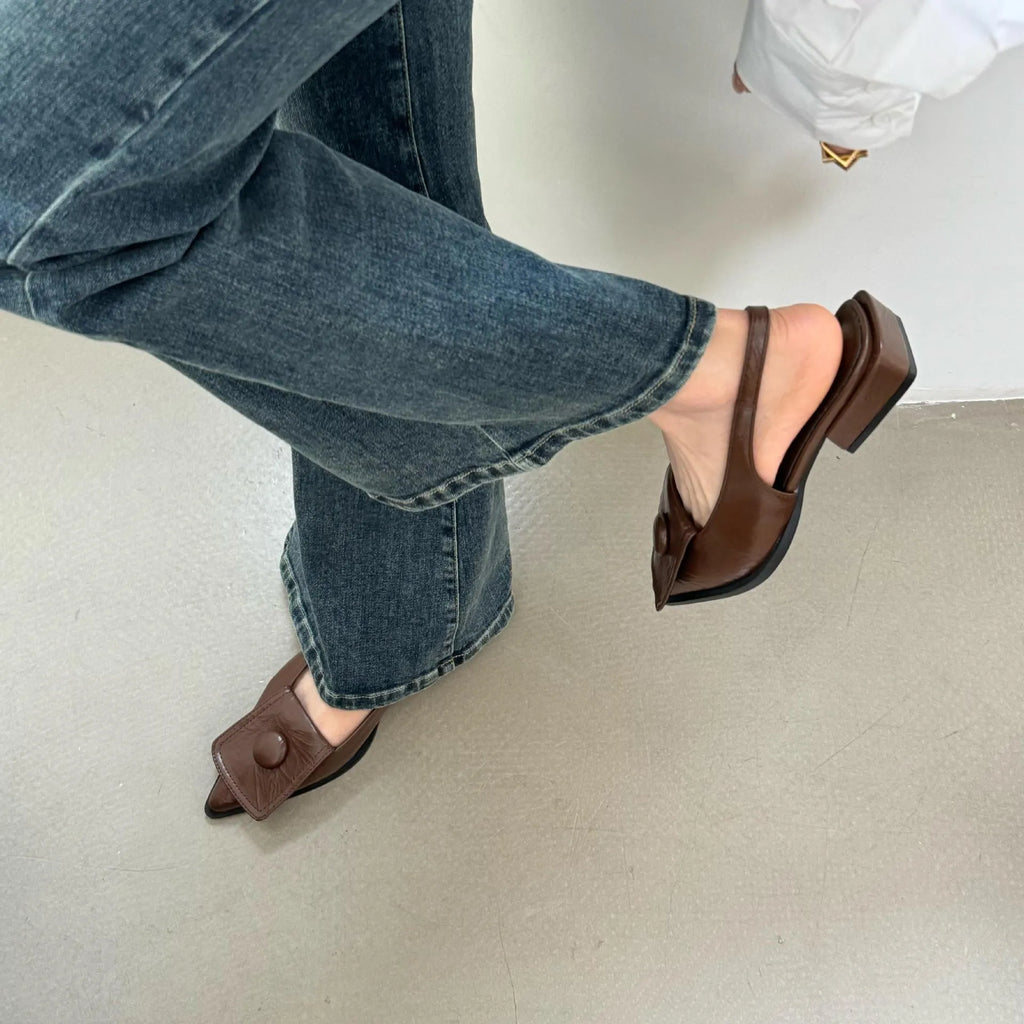 Women's low heel pointed toe sandals with back strap in apricot colour