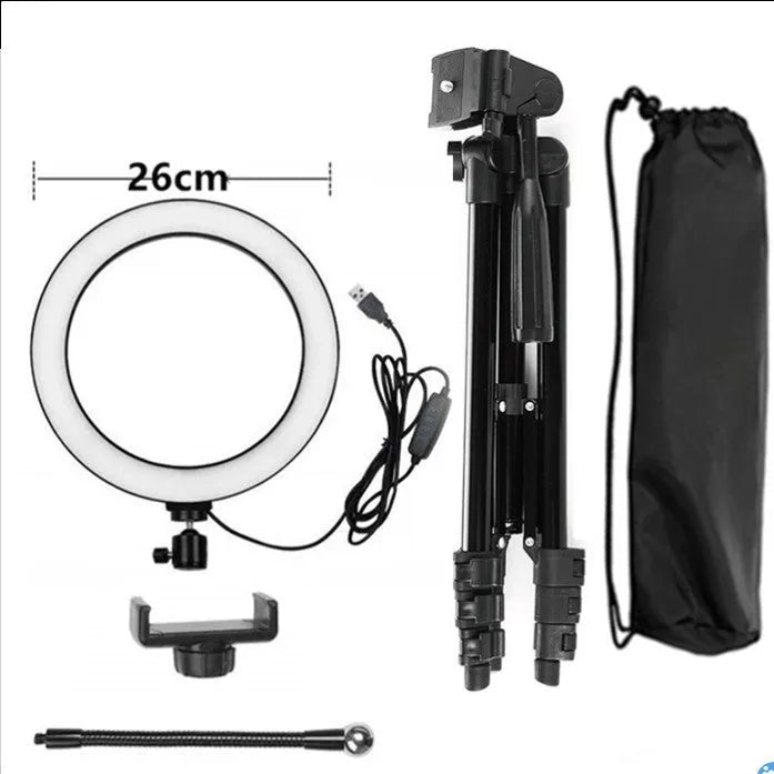 Adjustable aluminium live phone stand extended to various heights between 35 and 110 centimetres.