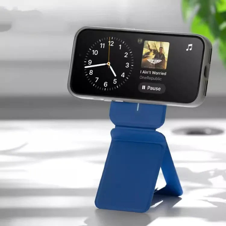 Black magnetic mobile phone holder with MOVAS leather finish, shown from the front.