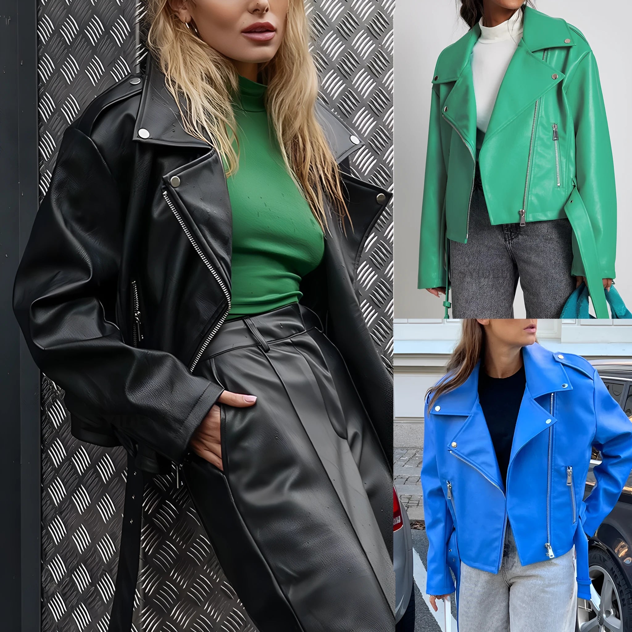 Black punk style short leather jacket with a Peter Pan collar and drawstring waist on a hanger.