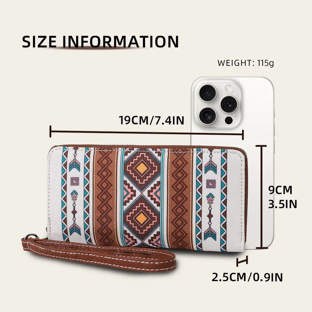 Bohemian-style striped canvas RFID wallet with wind belt design shown in multiple colour options