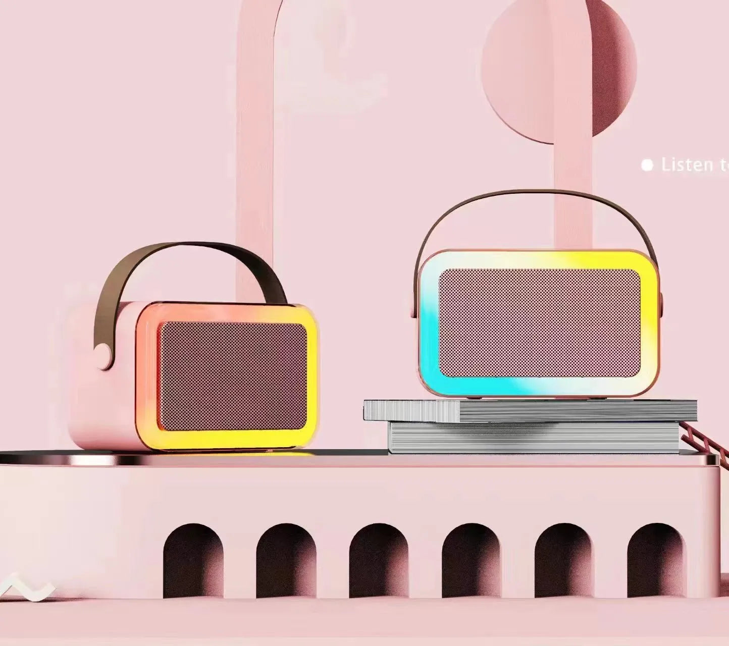 Portable Bluetooth karaoke speaker in white, pink, or sky blue colour with microphone and recording functions