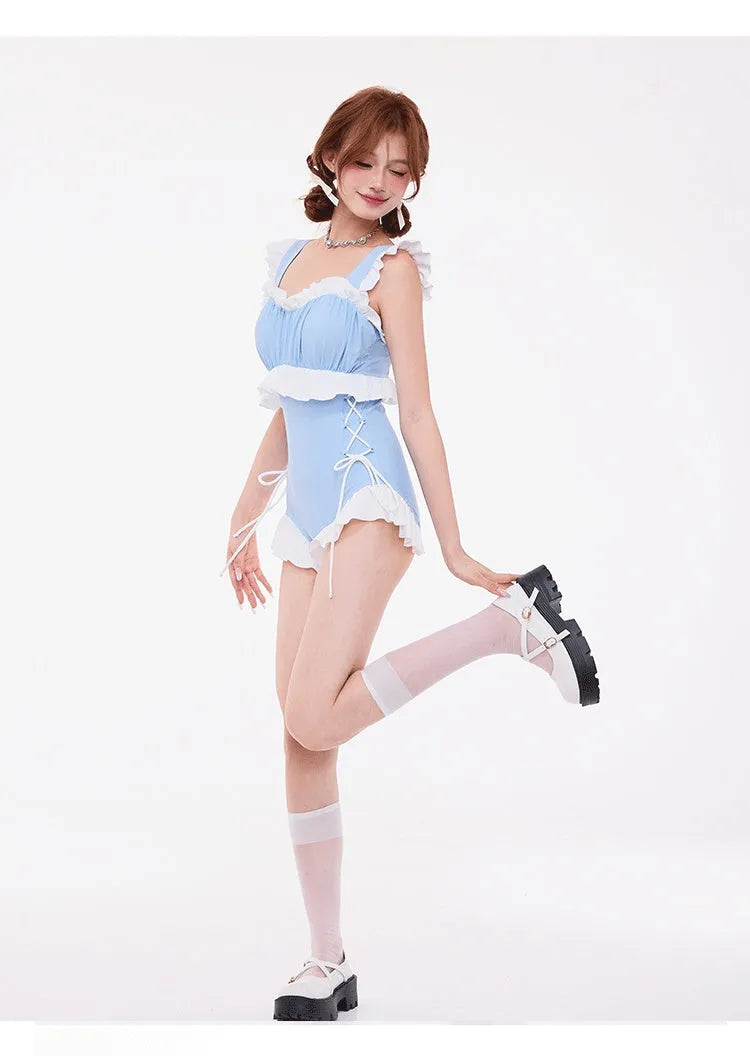 Light blue women's high-waisted swimsuit with lace chest gathers and backless design