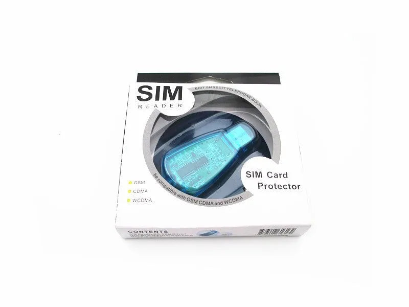 Blue USB mobile phone SIM card reader for data backup and editing on computer.