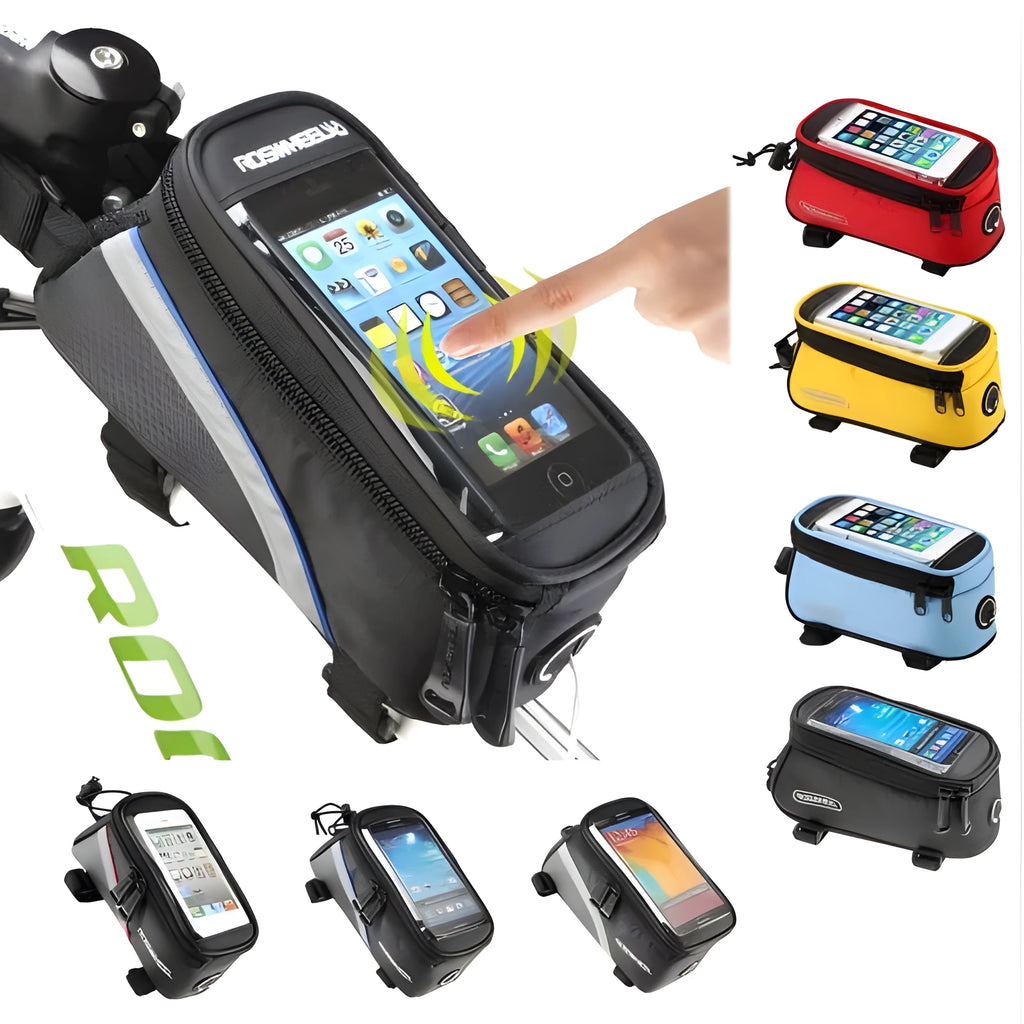 ROSWHEEL black PVC bicycle frame bag mounted on a bike, holding a mobile phone.