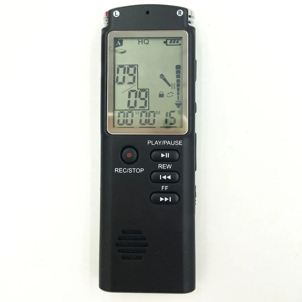Compact black USB digital voice recorder with display screen and microphone port