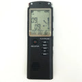Compact black USB digital voice recorder with display screen and microphone port