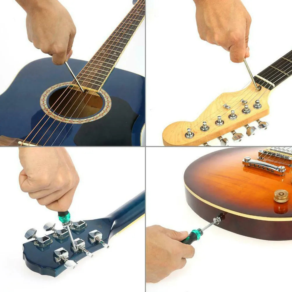Black plastic and metal guitar repair tool kit case measuring 200mm by 100mm.