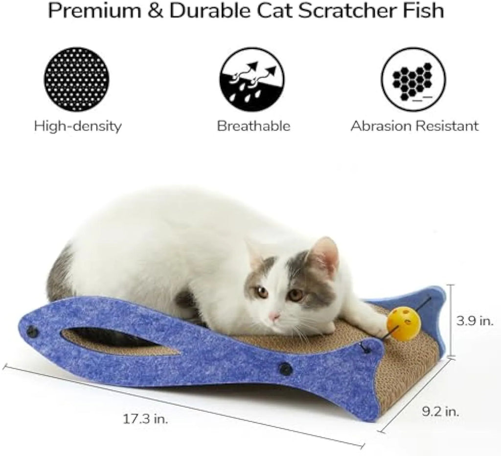 Blue fish-shaped cat scratcher with bell balls on elastic cord, corrugated cardboard construction