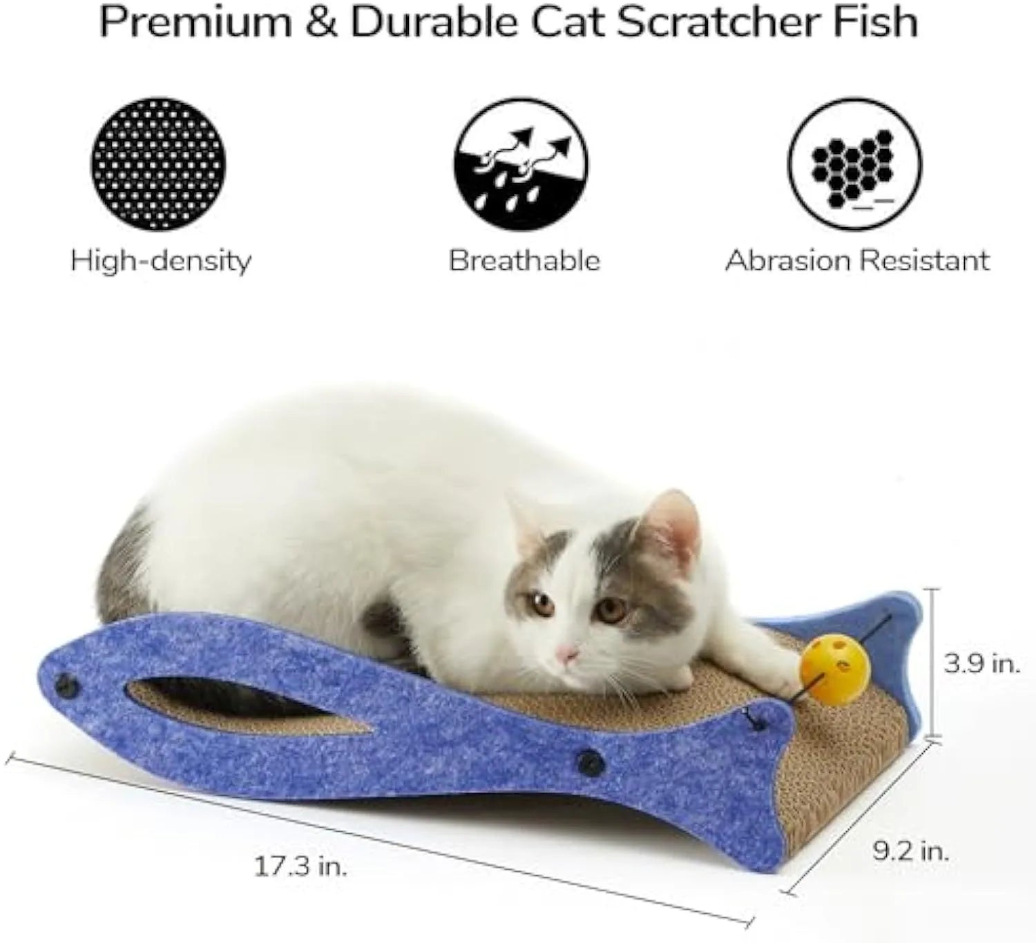 Blue fish-shaped cat scratcher with bell balls on elastic cord, corrugated cardboard construction