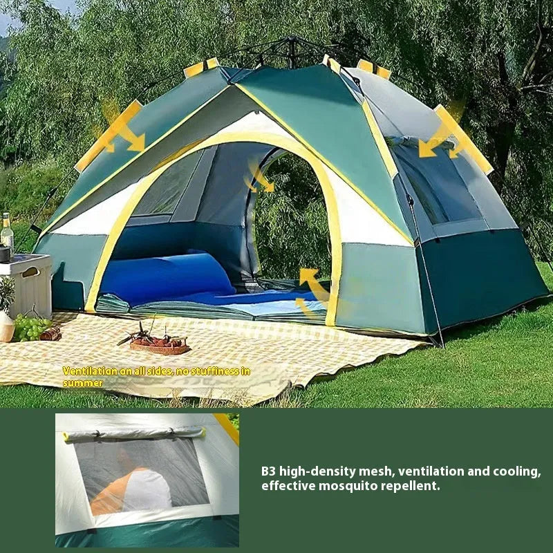 Dark green automatic pop-up camping tent for 3-4 people with quick-open design.
