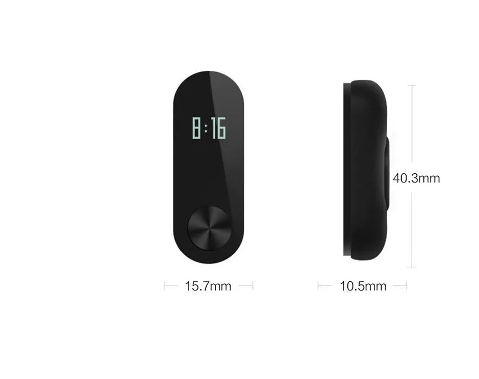 Black Xiaomi Mi Band 2 fitness tracker on wrist showing OLED display with heart rate data.